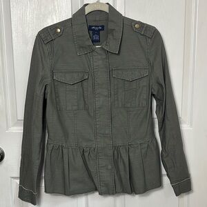 Anna Cai olive green militant zip up utility jacket peplum waist raw hem Small